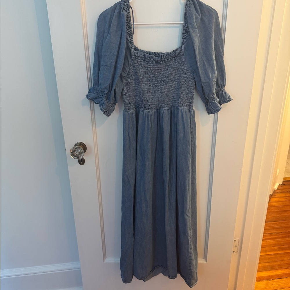 Blue Smocked Midi Dress with Puff Sleeves